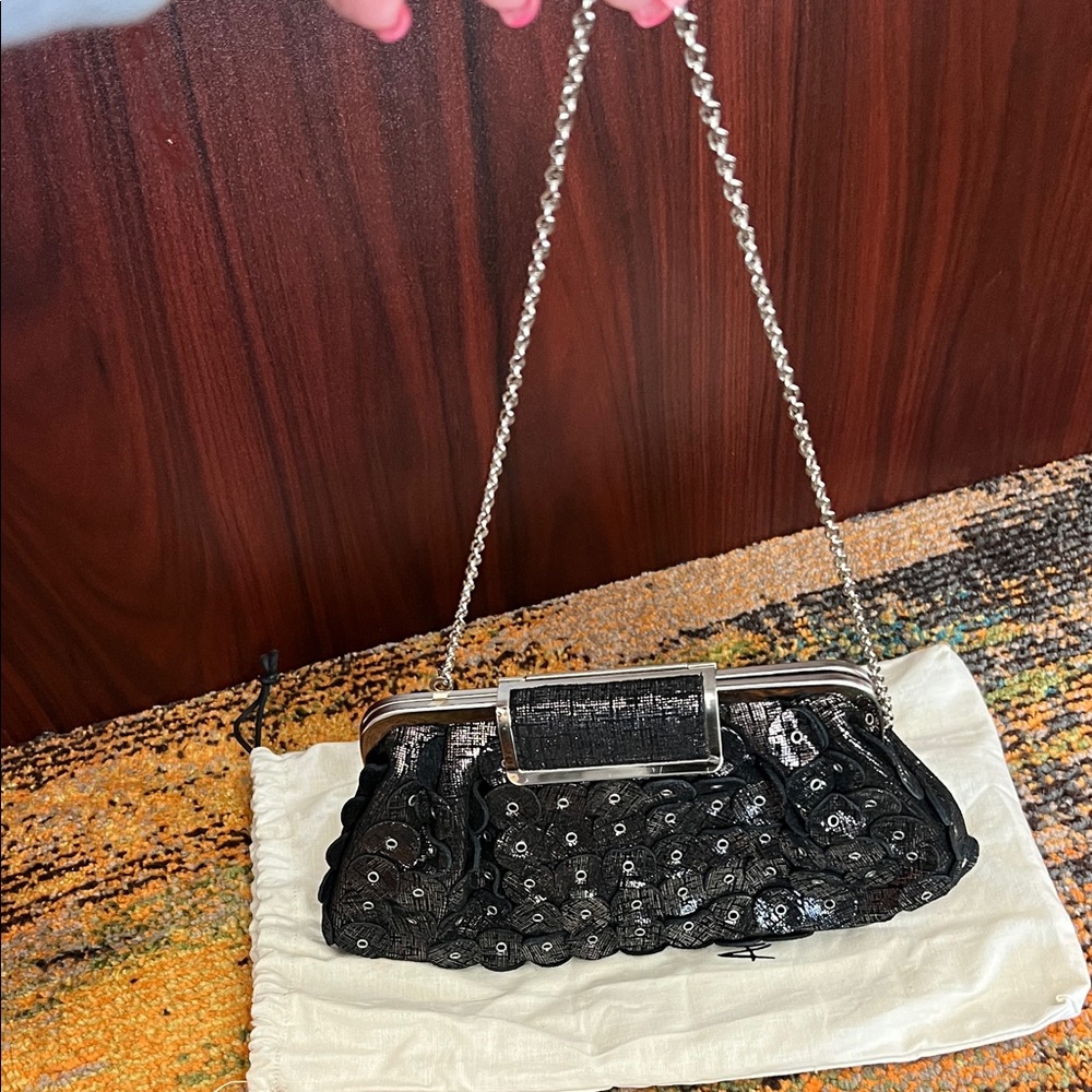 Annabel Ingall Black shoulder bag or clutch with Silver embellishments and Chain